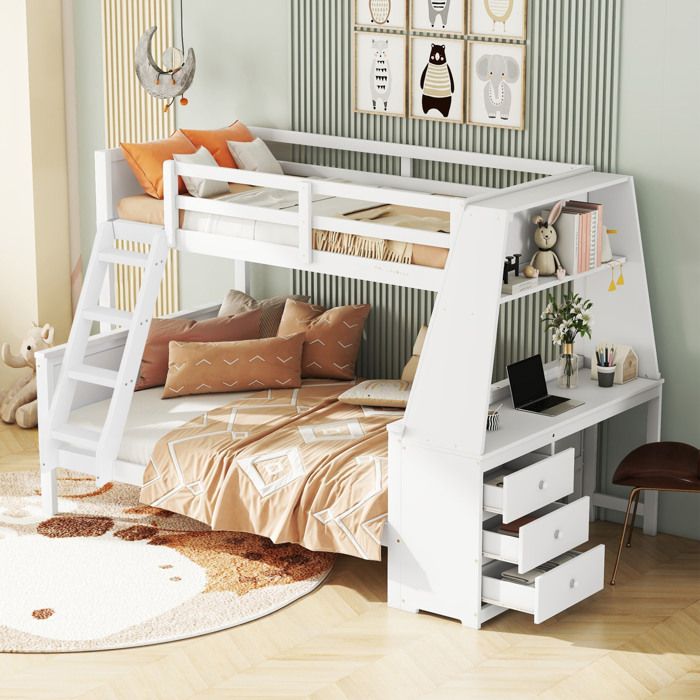 HOMVRA Lit superposé 90x200 et 140x200 cm avec bureau étagères 3 tiroirs blanc