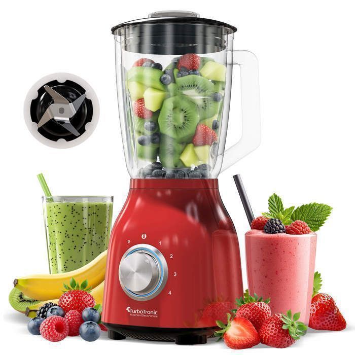 Blender Mixeur 1500W Max. 15L avec Bol en Verre – 4 Vitesses + Pulse – 6 Lames Inox – Broyeur de Glace – TurboTronic BG6
