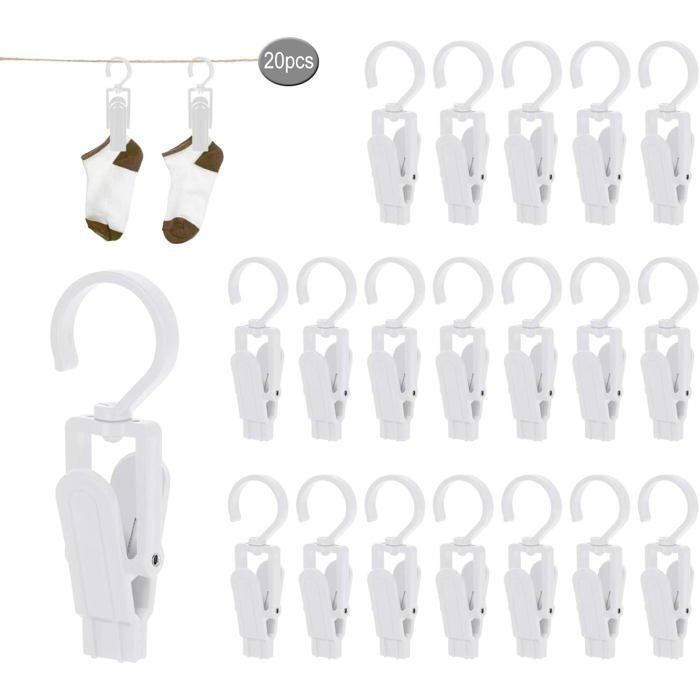 20 Pinces à Linge XXL clips brise-vent en plastique pivot 360° pour serviettes vêtements draps tapis rideaux chapeaux - Blanc