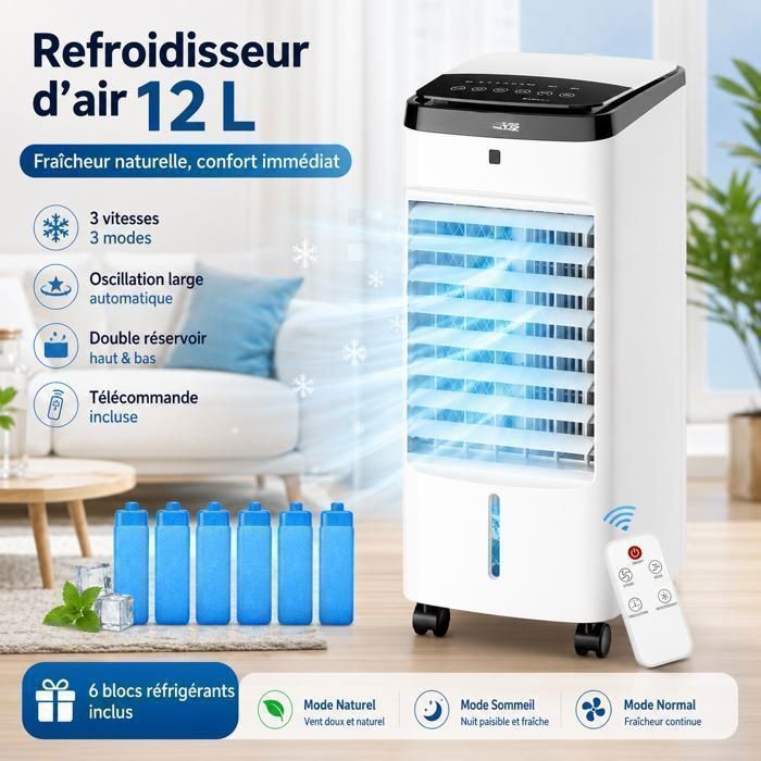 Fan Refroidisseur d’air évaporatif 6XCristaux de glace12L avec télécommande 3 vitesses 3 modes minuterie 7h oscillation 60°