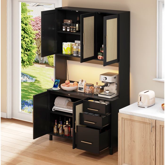 Buffet Cuisine MDF Noir 5 Portes Armoire LED FloraGrace Cuisine Et Salle A Manger 2 Prises Et 2 USB 100x40x183cm
