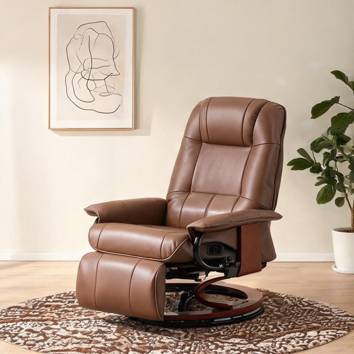 Fauteuil relax pivotant 360° en simili marron avec repose-pieds réglable et piètement bois massif