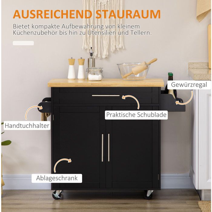 Desserte De Cuisine Noir Et Bois Ilot Roulant FloraGrace Pour Cuisine Rangement Avec Roulettes 109x40x89cm