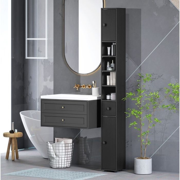 ULEVR Colonne de salle de bain étroite noire 180 cm avec 4 étagères ouvertes 2 placards et 1 tiroir