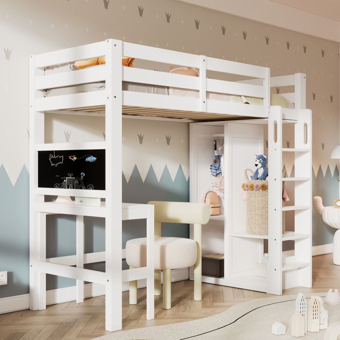 Lit Mezzanine Enfant LEMLIT 90x200 cm Bureau Armoire Ouverte Étagères Tableau Noir Sommier EN747 - Blanc