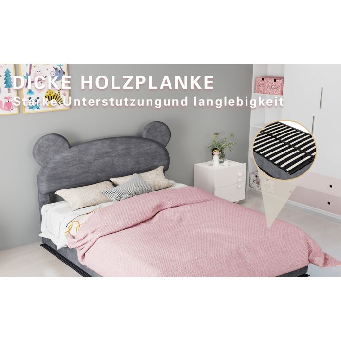 SENVIRO Lit coffre enfant 140 x 200 cm velours gris matelas 23 cm inclus