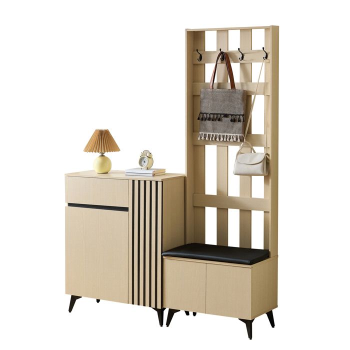 Meuble d’entrée rangement avec banc et porte-manteaux chaussure/sideboard MDF aspect bois clair noir ORVRYN