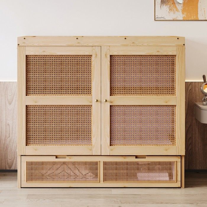 Lit escamotable 140 x 200 cm sommier à lattes inclus tiroirs de rangement design rotin bois couleur naturelle pour adolescent