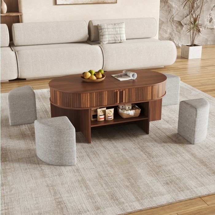 Table basse avec poufs forme ovale 2 portes coulissantes rangement ouvert plateau rainuré style rétro pour salon