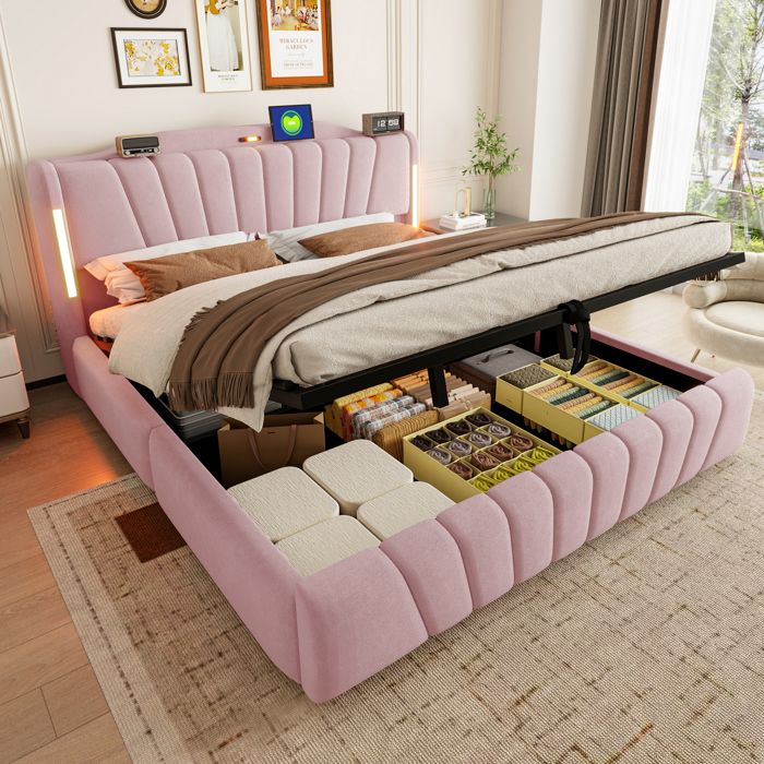 Lit Coffre King Size 180x200 Rembourré en Velours Rose - avec Éclairage LED Prises USB Veilleuse et Sommier Lit Coffre King Size 180x200 Rembourré en Velours Rose - avec Éclairage LED Prises USB Veilleuse et Sommier