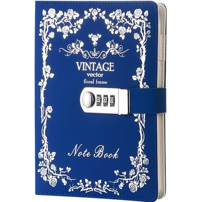 PU cuir journal écriture carnet, journal intime avec cadenas, Cahier avec  porte-stylo et fentes pour cartes, 215x150mm, Bleu