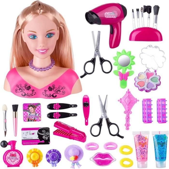 Tete a Coiffer 35pcs Tete a Coiffer et Maquiller Jeu de Jouets Jouet Fille pour 1 9 Ans Poupee Styling Head Hairdressing Rose Cdiscount Jeux Jouets