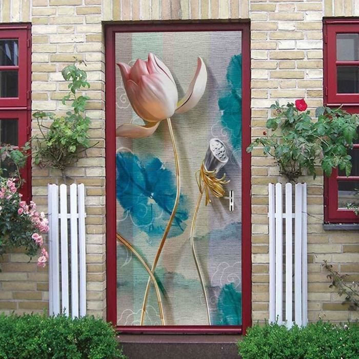 Autocollant Porte 3D Trompe-l'œil Floral Or Noir - Sticker Décoration Porte 77x200 Cm Amovible