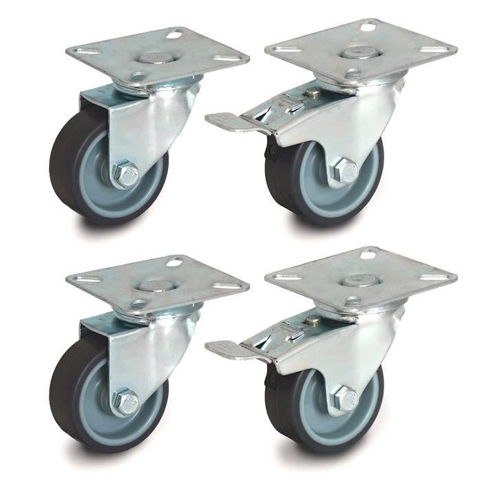 Lot De 4 Roulettes Pivotantes Avec Roue Caoutchouc - Plaque Supérieure Incluse, Neuf