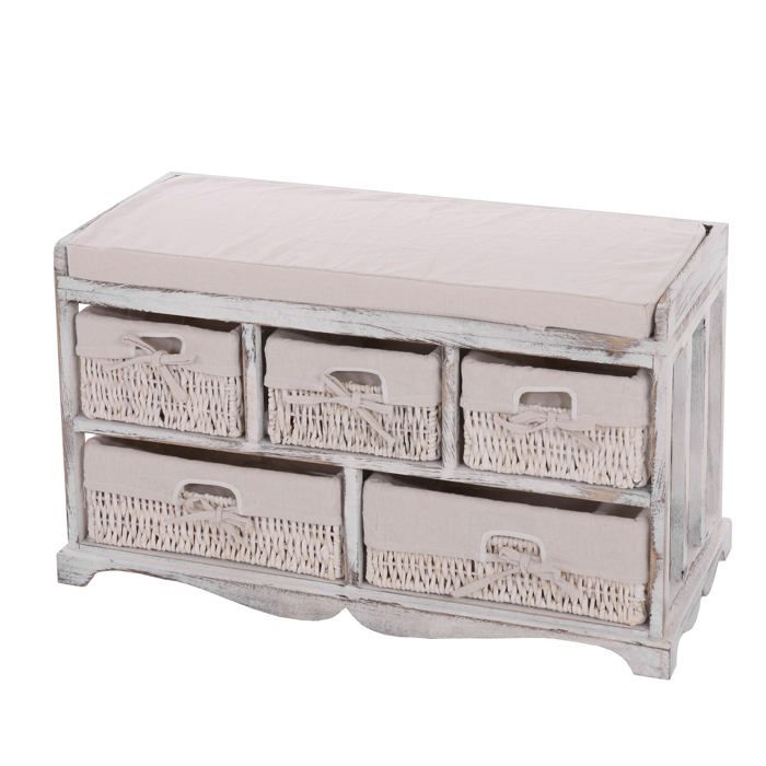 Commode / banc 5 paniers 77x36x45cm shabby vintage ~ blanc