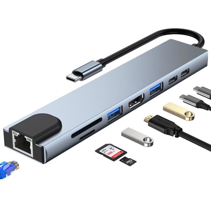 HUB USB C, Adaptateur USB C 8 en 1 avec HDMI 4k/30hz, PD 100 W, Port USB C  2.0, USB 3.0+2.0, Lecteur de Carte SD/TF/SD,Gris - Cdiscount Informatique