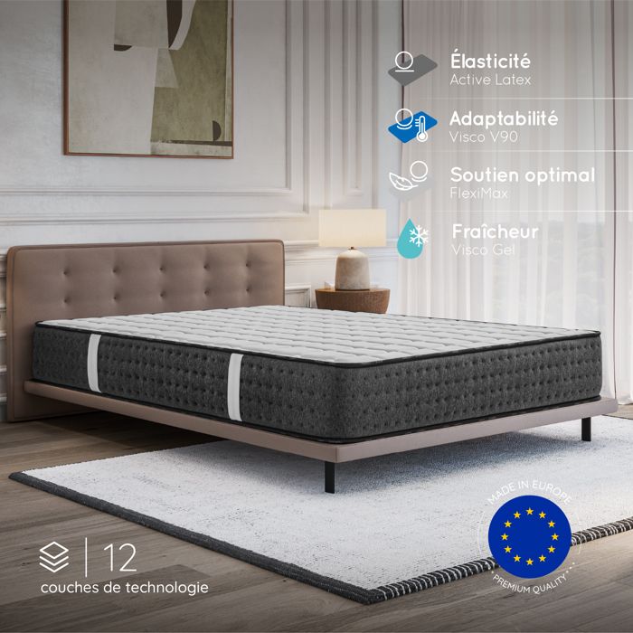 Matelas EQUINOX 160x200 cm-26 cm-Mousse mémoire de forme-7 zones HR 35 kg et BLUE-LATEX-Ergonomique-Face été-hiver-Confort ferme
