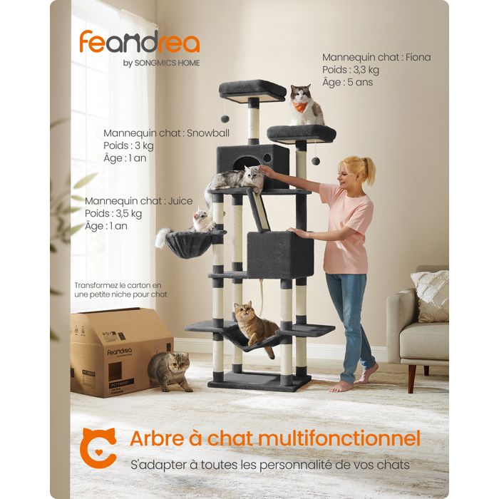 Comparer les prix de Arbre à Chat - FEANDREA - Hauteur 206 cm - 13 Griffoirs - 2 Plate-forme - 2 Niches