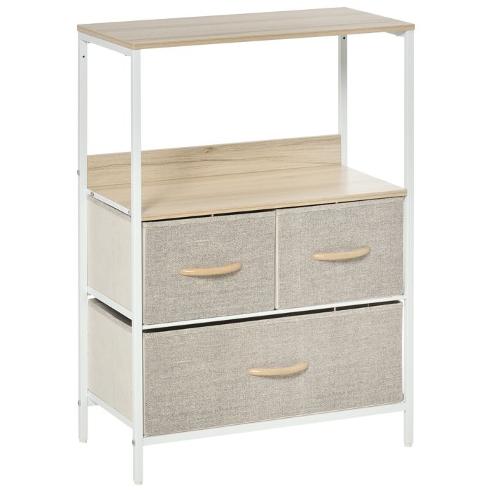 Commode 3 tiroirs &eacute;tag&egrave;re plateau acier MDF bois clair non tiss&eacute; gris