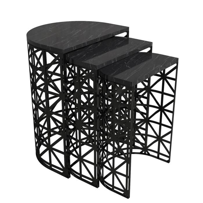 table gigogne 3 pièces arrondie zachem métal noir et bois noir marbre