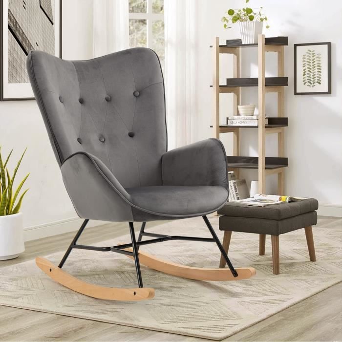 meubles cosy fauteuil à bascule scandinave en velours gris foncé avec accoudoirs et dossier,pieds en métal et bois de hêtre