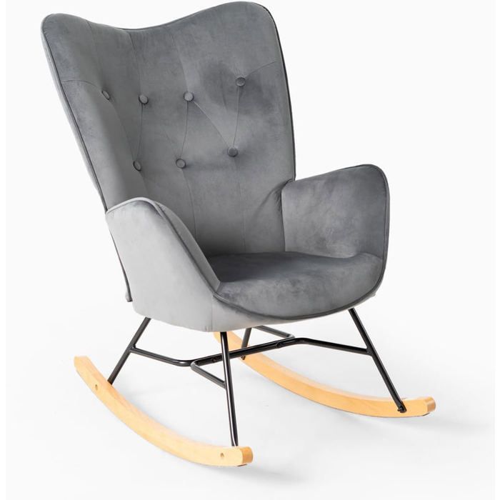 MEUBLES COSY Fauteuil à bascule allaitement scandinave avec accoudoirs en velours gris capitonné - EPPING MEUBLES COSY Fauteuil à bascule allaitement scandinave avec accoudoirs en velours gris capitonné - EPPING