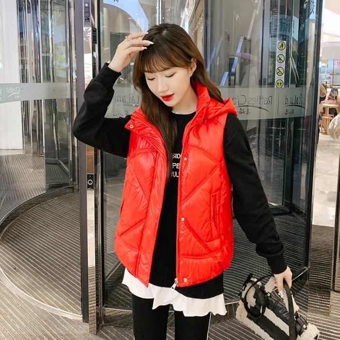 Manteau Femme Short d hiver ample en cuir brillant Rouge GOGUQ