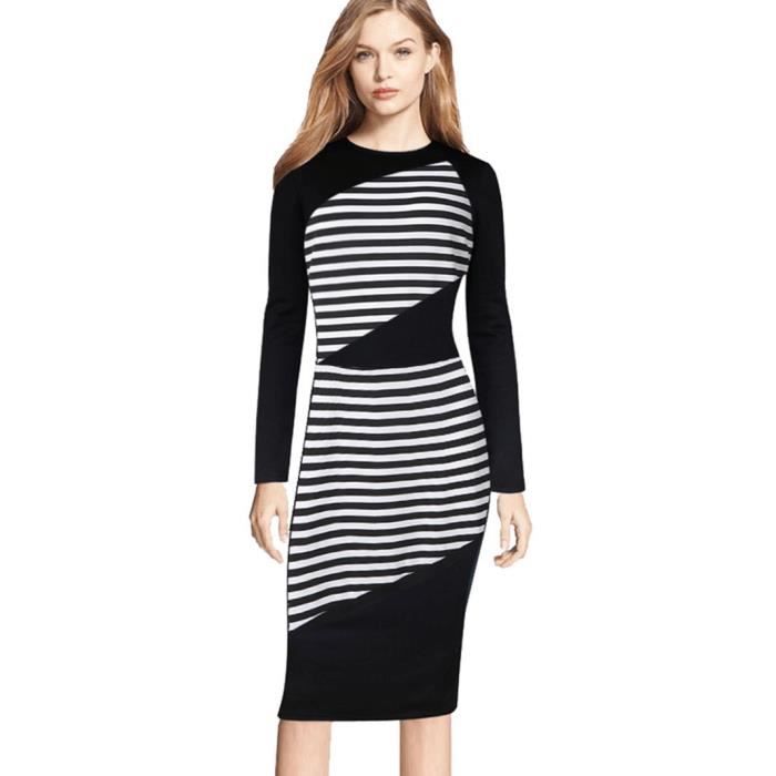 Femmes Manches Longues A Rayures Col Rond Slim Fit Robe Tenue De Ville Ty4518 Noir Achat Vente Robe Cdiscount