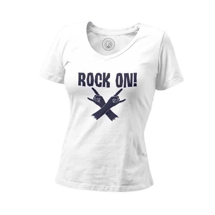 T shirt Femme Col V Rock On Musique Musicien Guitare Basse Metal