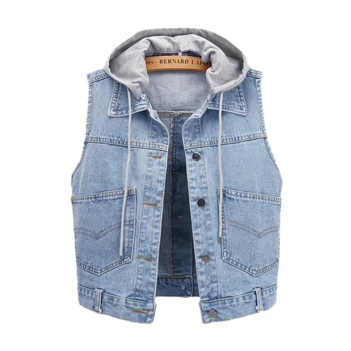 Veste en Jean sans Manches pour Femme Veste Courte Capuche Dames Veste Capuche D contract Boutonn avec Poches Bleu A