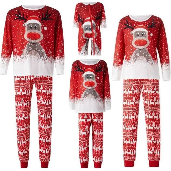 Pyjama Famille Noël - Ensemble Assorti Manches Longues - Motif Cerf & Carreaux Rouges - Coton Doux - Taille Élastique - Cadeau Festif