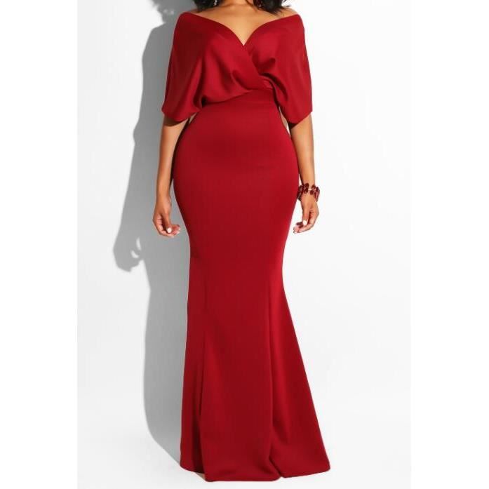 Robe Robe de soiree en queue de poisson pour femmes elegante manches croisees evasees a volants ronds longue club Rouge D9243 Blanc Cdiscount Pret a Porter