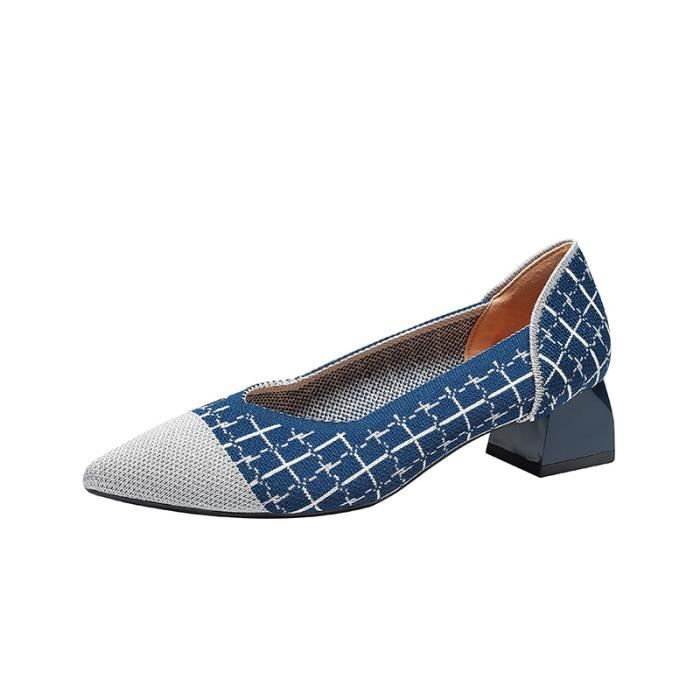 Escarpins Femme Carreaux Confortable Talons Epais Bout Pointu Elegant Respirante