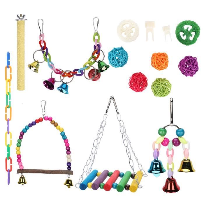 Comparer les prix de OMABETA Jouets de balançoire doiseaux 15pcs Ensemble de Jouet de Perche à Mâcher Perroquets Hamac Suspendu de animalerie jouet
