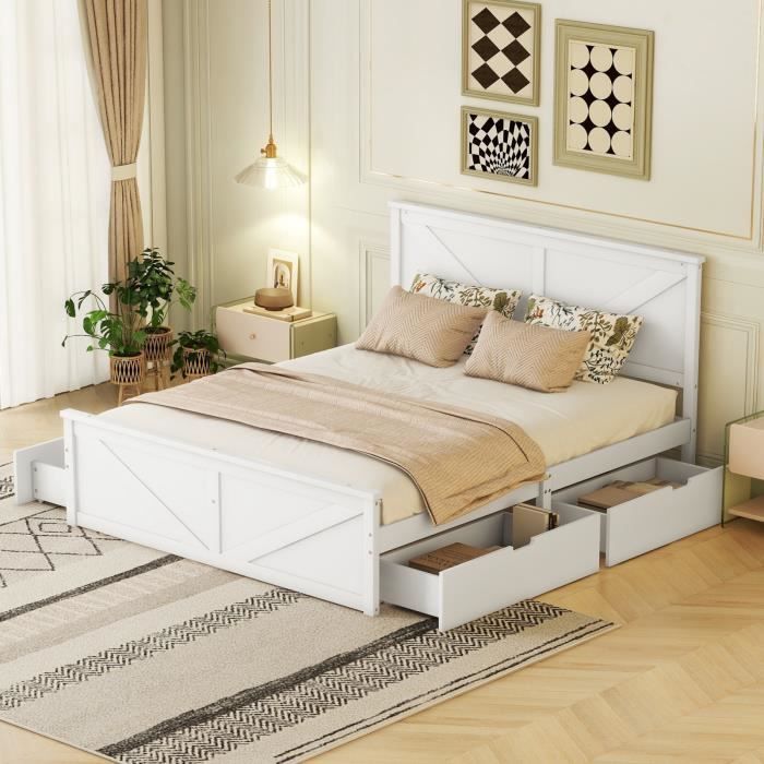 lit double 160x200 cm, lit plateforme simple en bois avec quatre tiroirs, blanc