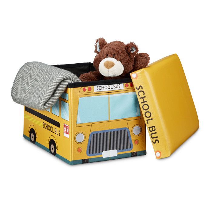 Relaxdays Coffre à jouets Bus scolaire HxLxP 32x48x32 cm pouf solide similicuir 37 L couvercle amovible jaune