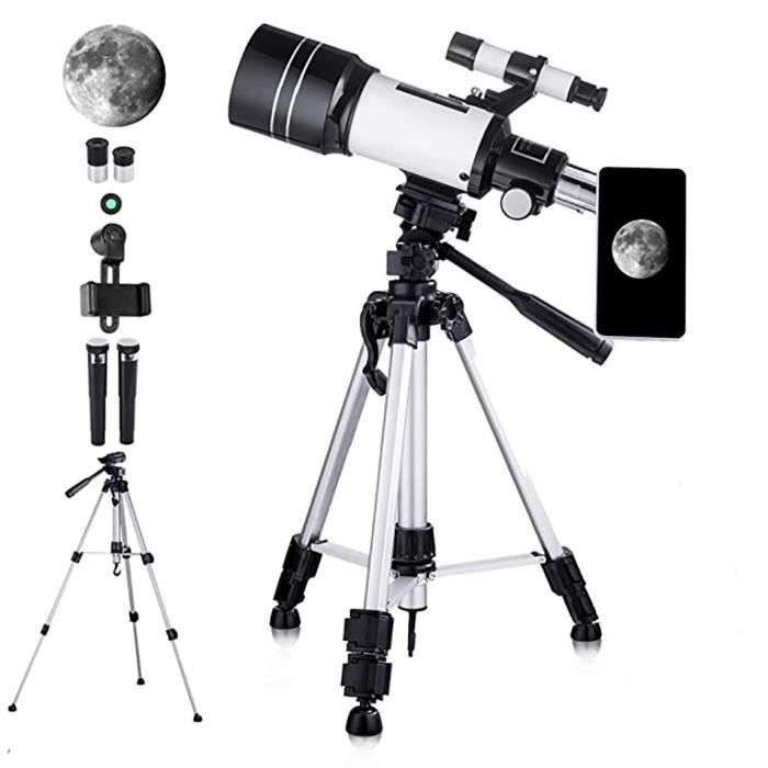 Télescope astronomique enfants - 15-150X70 - chercheur de télescope - Support de téléphone - Blanc