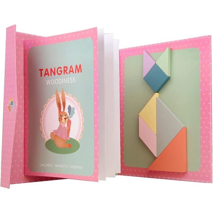 Tangram Magnétique Avec 160 Défis – Puzzle Géométrique, Jeu Voyage, Pièces En Bois, Rose