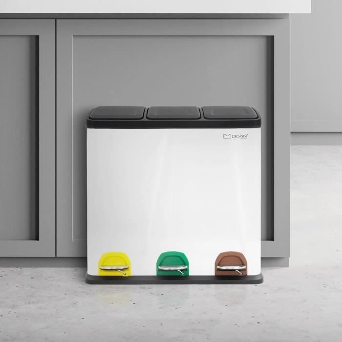 ML-Design Poubelle De Cuisine 2x30L (60L) Argent - Système De Tri Des Déchets Double à Pédale Softclose