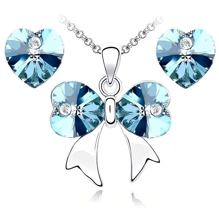 Parure Bijoux - Femme - Coeur - Noeud - Cristal - Autrichien - Turquoise - Plaqué Or Blanc 750/1000 - 4 Pièces