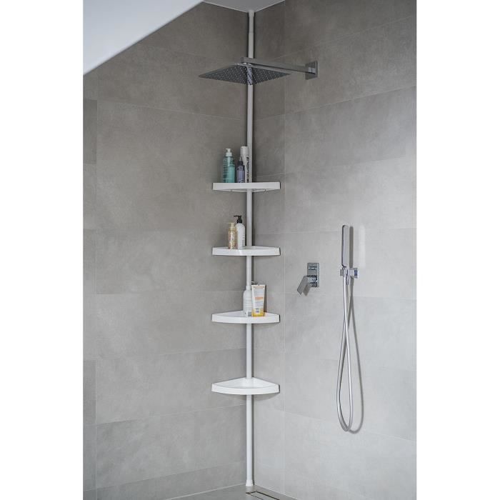 MOYKSRR Étagère Douche Télescopique 100-310 Cm – 5 Plateaux, 4 Crochets, Porte-Serviettes – Acier Inoxydable Sans Perçage
