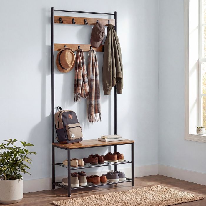 VASAGLE Porte-Manteau avec Étagère à Chaussures Meuble d Entrée avec Banc 3-en-1 Cadre en Acier 32 x 70 x 177 cm Marron et Noir