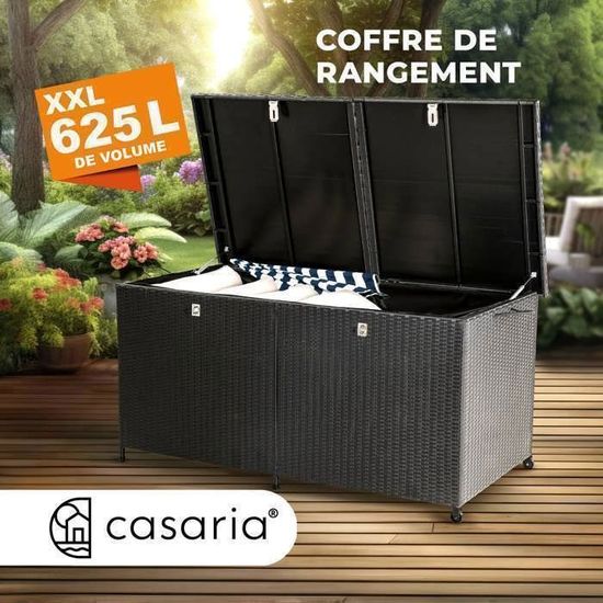 Coffre Rangement CASARIA Polyrotin 625L Noir - Banc Avec Roulettes Et Vérins à Gaz