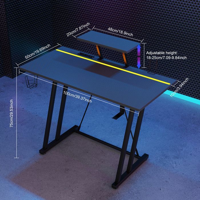 Bureau Gaming LED 120x60cm Forme Z - Table Gamer Robuste Avec Porte Gobelet Et Crochet Casque