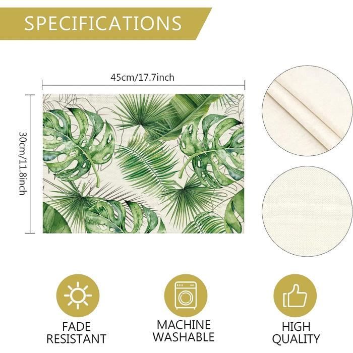Sets De Table été Feuilles Tropicales – Lot De 4, Lavables, 30x45 Cm, Décoration De Table