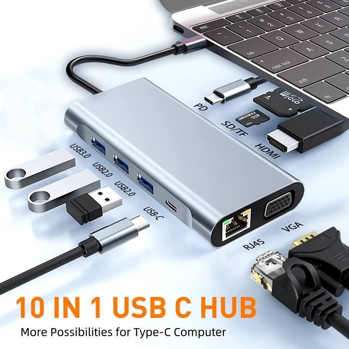 Petit 10 en 1 Type-c Station d'accueil transparente Multi Port USB Flashing  Drive Hub pour PC portable ordinateurs portables