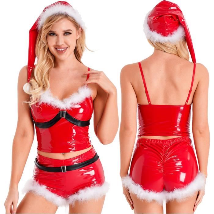 Iiniim Costume Mere Noel Femme Sexy Cuir Verni Tenue Noel Adulte avec Chapeau Bonnet Noel Mini Short Cosplay S XXL Rouge Cdiscount Pret a Porter
