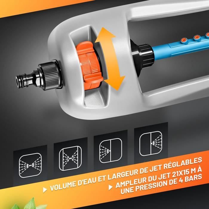 GRÜNTEK Arroseur Rotatif 360° Sur Pied - Asperseur Automatique Jardin Avec Turbine, Portée 12,5m, Connexion En Série