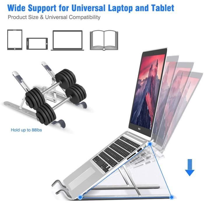 Support Ordinateur Portable, Support PC Portable Pliable à Surélever 7  Angles Réglable, Antidérapant en Aluminium Ventilé Stand Compatible avec  Laptop, Tablet –Argent
