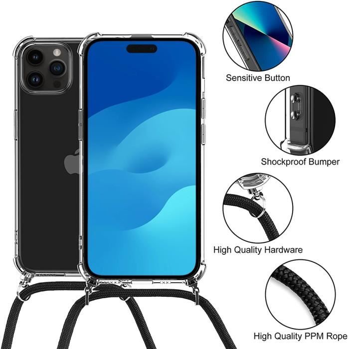 Coque Avec Collier Pour IPhone 14 Pro Max - Protection 360°, Transparente, Avec Cordon Réglable 150cm - Support Recharge Sans Fil